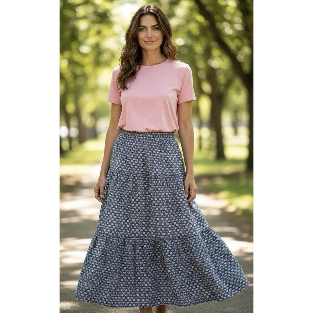 VTG Naturally Texas Maxi Skirt Prairie Country Hippie Blue W/ Heats Prints USA
